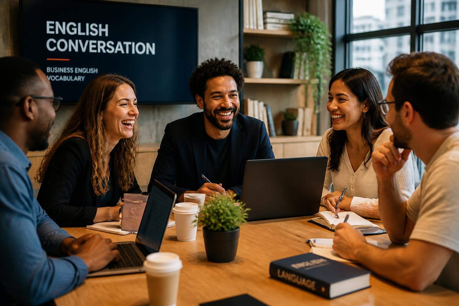 Profissionais conversando em inglês durante aula ao vivo