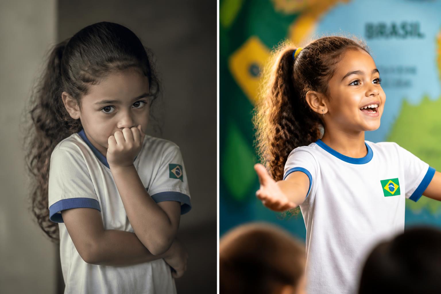 Antes: criança frustrada com método tradicional. Depois: criança feliz participando de aula interativa.